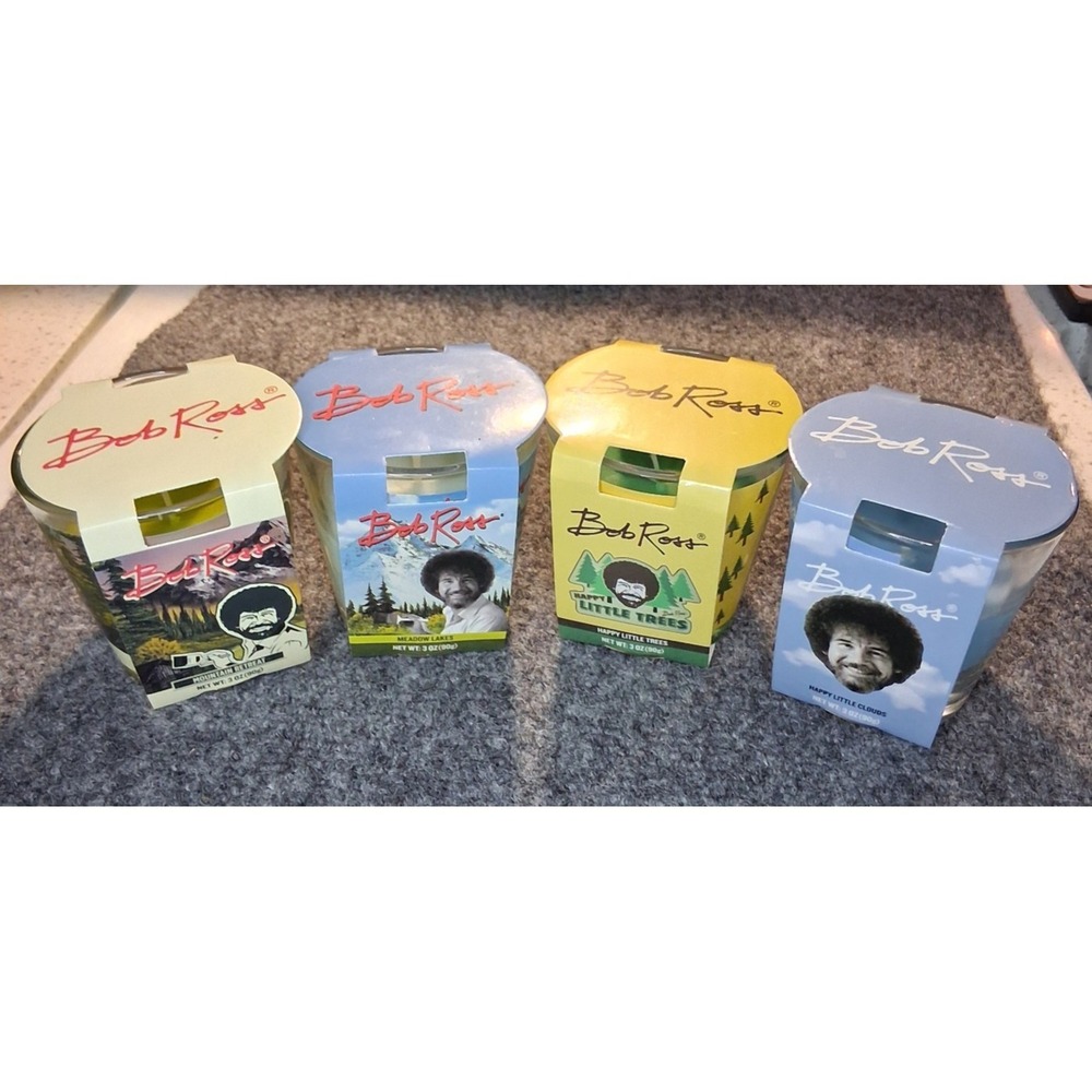 Bob Ross Scented Candle Set 4 Pack 3oz Mountain Retreat Meadow Lakes Trees Cloud